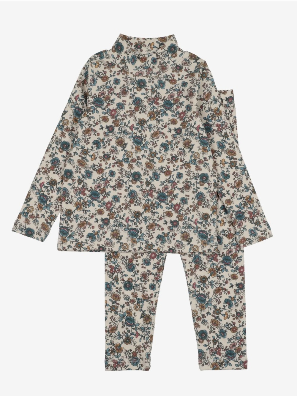 Kids Floral Cream Long-Sleeve Pajama Set with Teal & Brown Blooms
